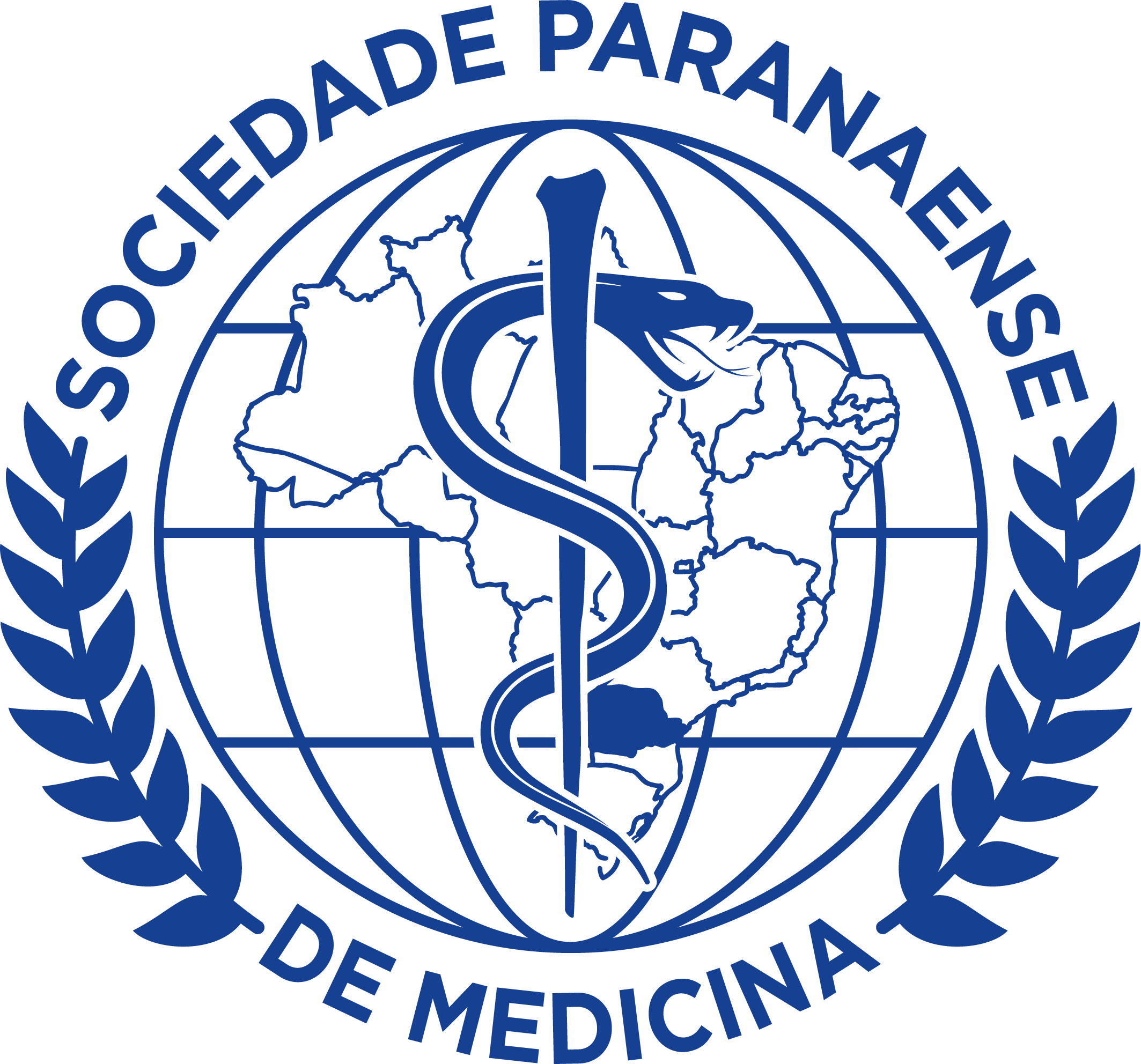 Logotipo da Sociedade Paranaense de Medicina — em azul: emblema circular com um globo e o mapa do Brasil ao centro, sobreposto por um bastão com uma serpente (vara de Asclépio) alinhado verticalmente sobre a América do Sul; ramos de louro ladeiam o círculo; texto em arco na borda superior e inferior: SOCIEDADE PARANAENSE DE MEDICINA; tom institucional e formal.