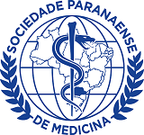 Sociedade Paranaense de Medicina circular logotipo azul mostrando um símbolo médico com um bastão e uma serpente sobre linhas do mapa do Paraná e Brasil entre um globo terrestre vetorizado; há um texto com a frase SOCIEDADE PARANAENSE DE MEDICINA; tom formal institutional